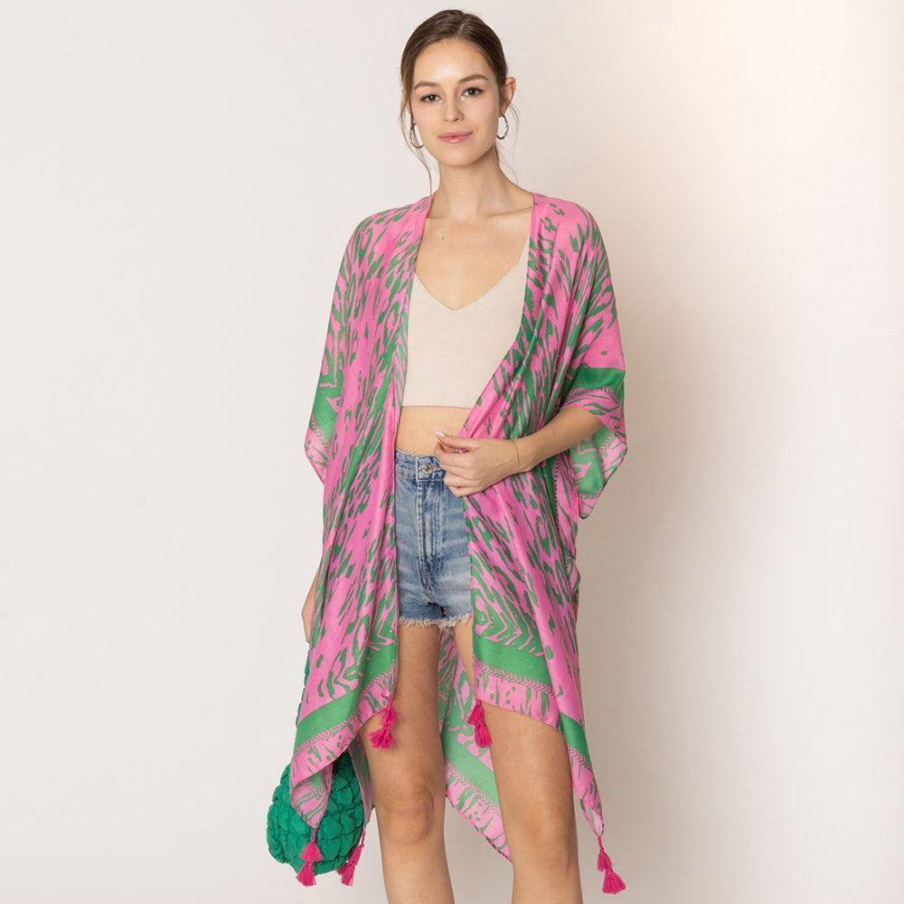Pink Animal Print Kimono Poncho With Tassel - Jewelry Store by Erik Rayo