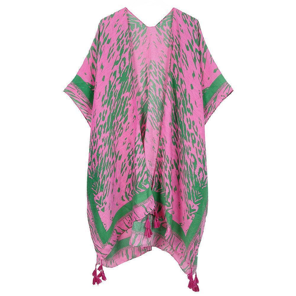 Pink Animal Print Kimono Poncho With Tassel - Jewelry Store by Erik Rayo