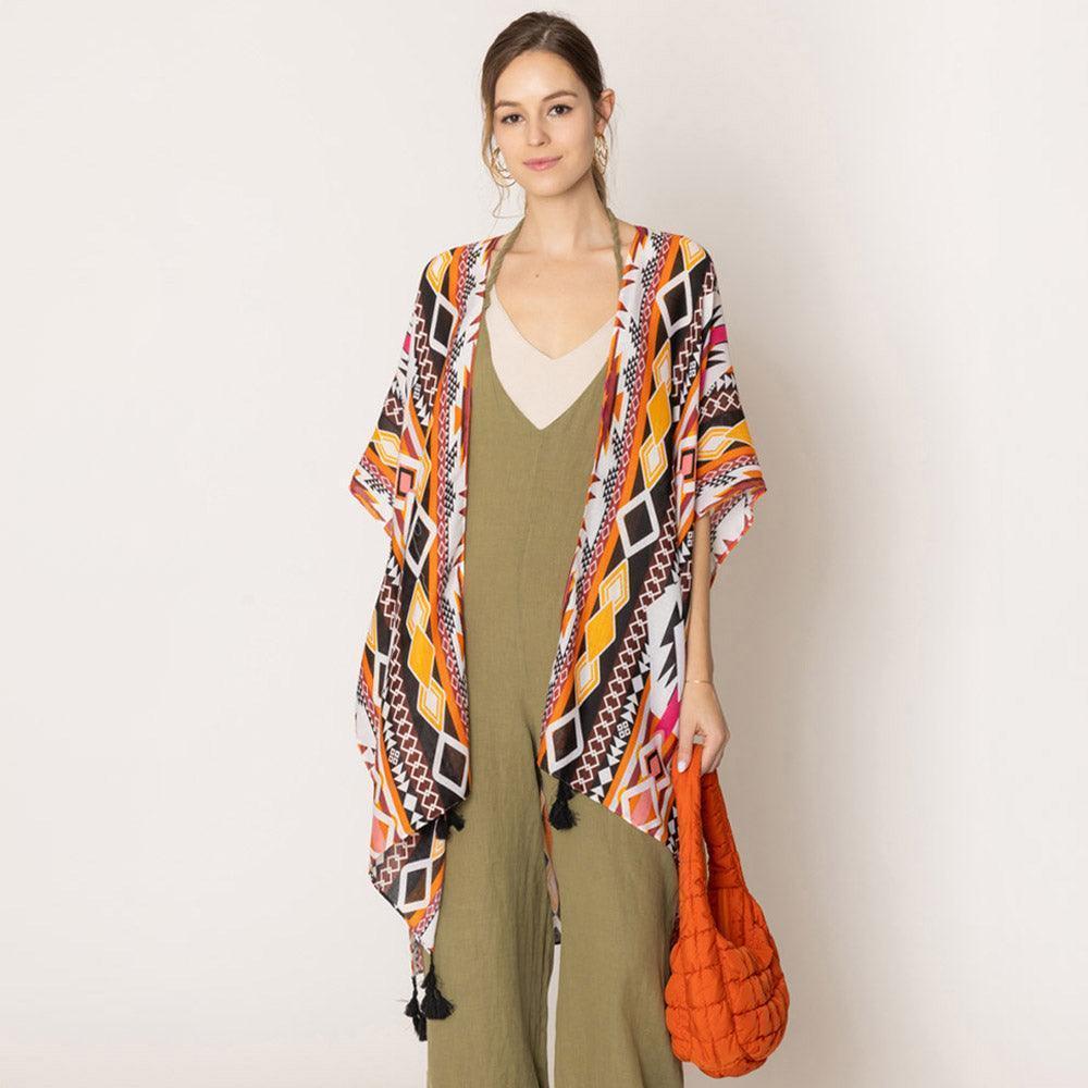 Orange Aztec Print Kimono Poncho - Jewelry Store by Erik Rayo