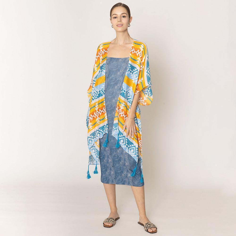 Blue Aztec Print Kimono Poncho - Jewelry Store by Erik Rayo