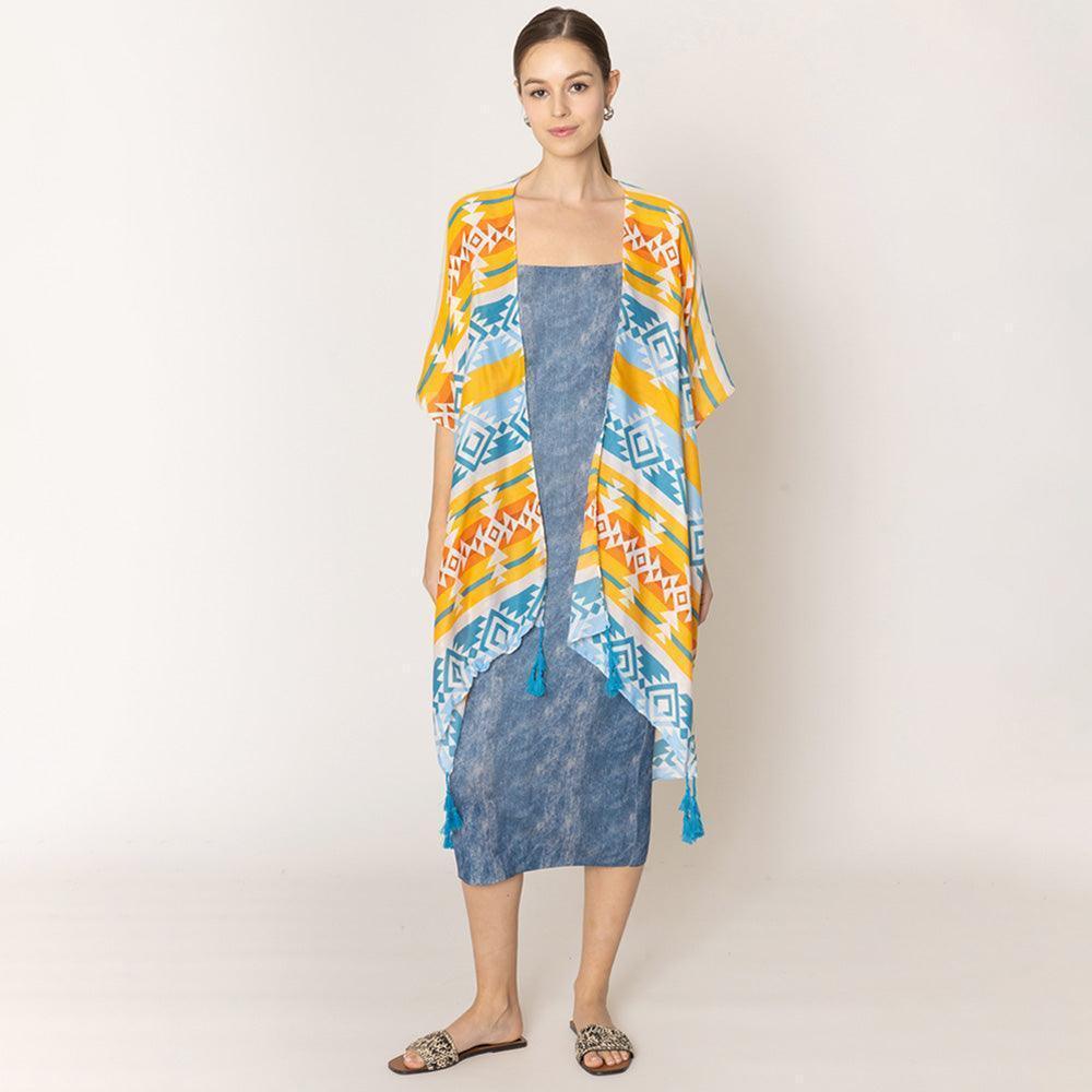 Blue Aztec Print Kimono Poncho - Jewelry Store by Erik Rayo
