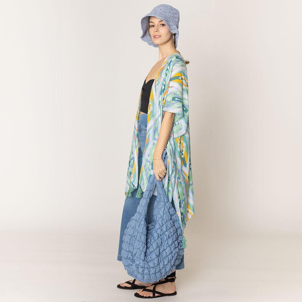 Green Aztec Print Tassel Kimono Poncho - Jewelry Store by Erik Rayo