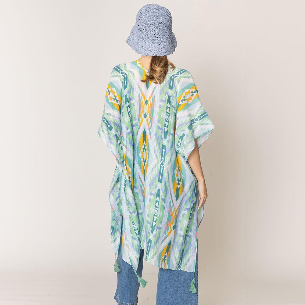 Green Aztec Print Tassel Kimono Poncho - Jewelry Store by Erik Rayo