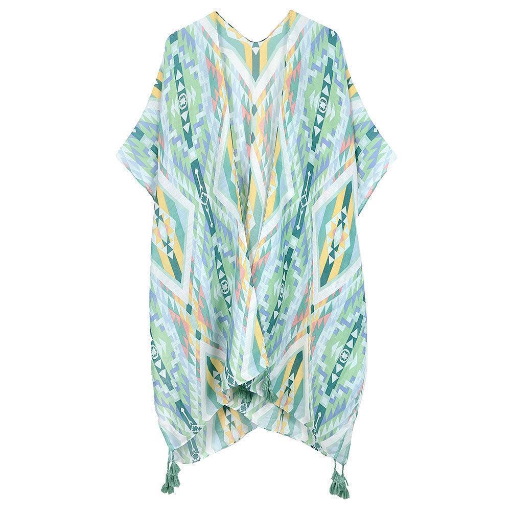 Green Aztec Print Tassel Kimono Poncho - Jewelry Store by Erik Rayo