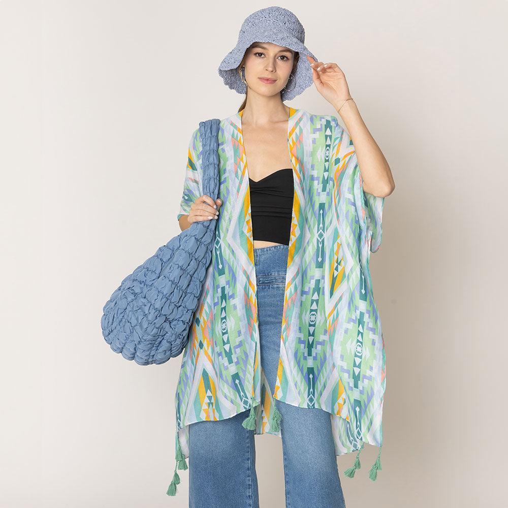 Green Aztec Print Tassel Kimono Poncho - Jewelry Store by Erik Rayo