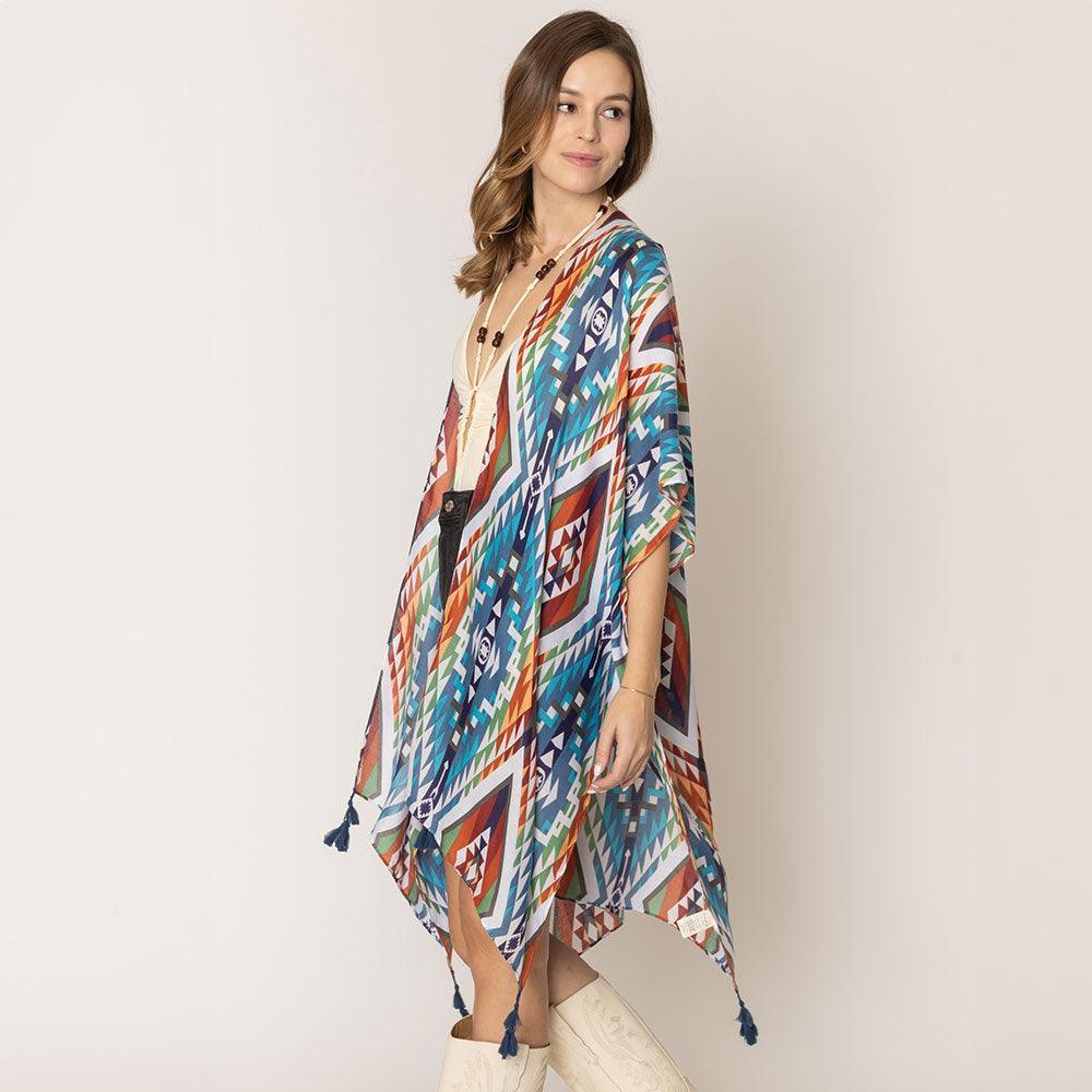 Navy Aztec Print Tassel Kimono Poncho - Jewelry Store by Erik Rayo