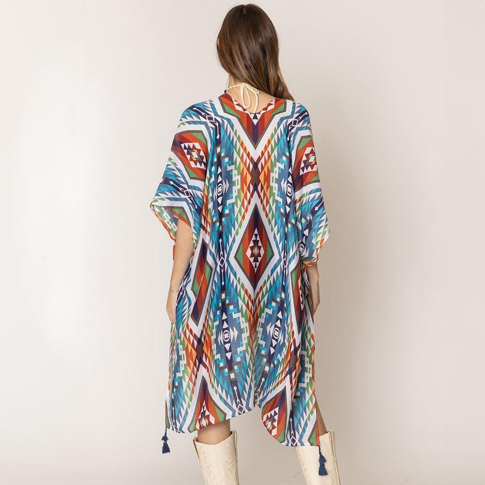 Navy Aztec Print Tassel Kimono Poncho - Jewelry Store by Erik Rayo