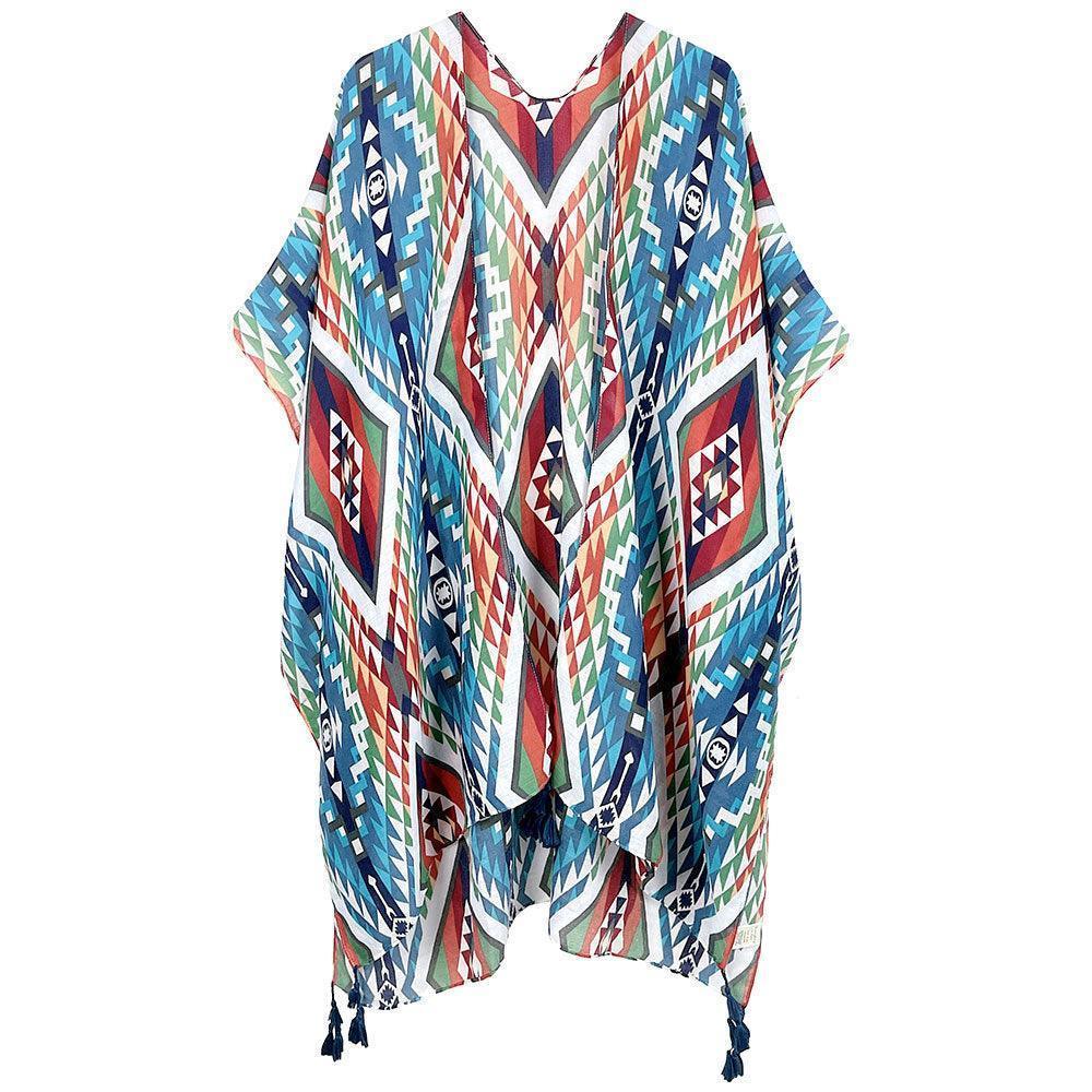 Navy Aztec Print Tassel Kimono Poncho - Jewelry Store by Erik Rayo