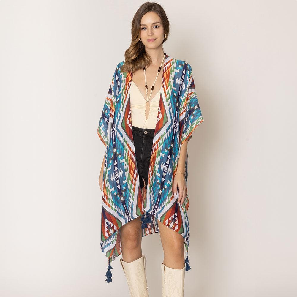 Navy Aztec Print Tassel Kimono Poncho - Jewelry Store by Erik Rayo