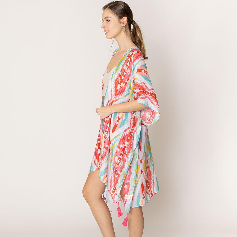 Pink Aztec Print Tassel Kimono Poncho - Jewelry Store by Erik Rayo