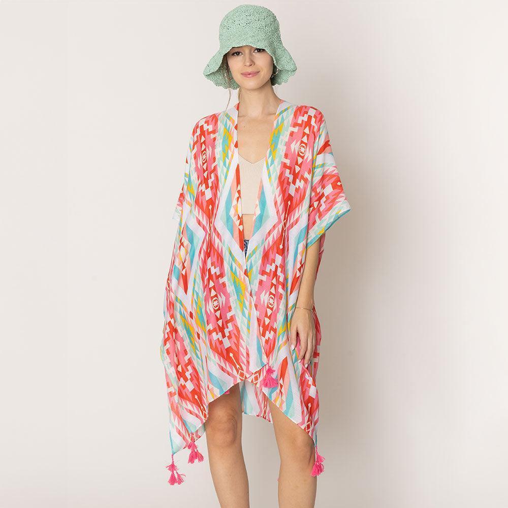 Pink Aztec Print Tassel Kimono Poncho - Jewelry Store by Erik Rayo