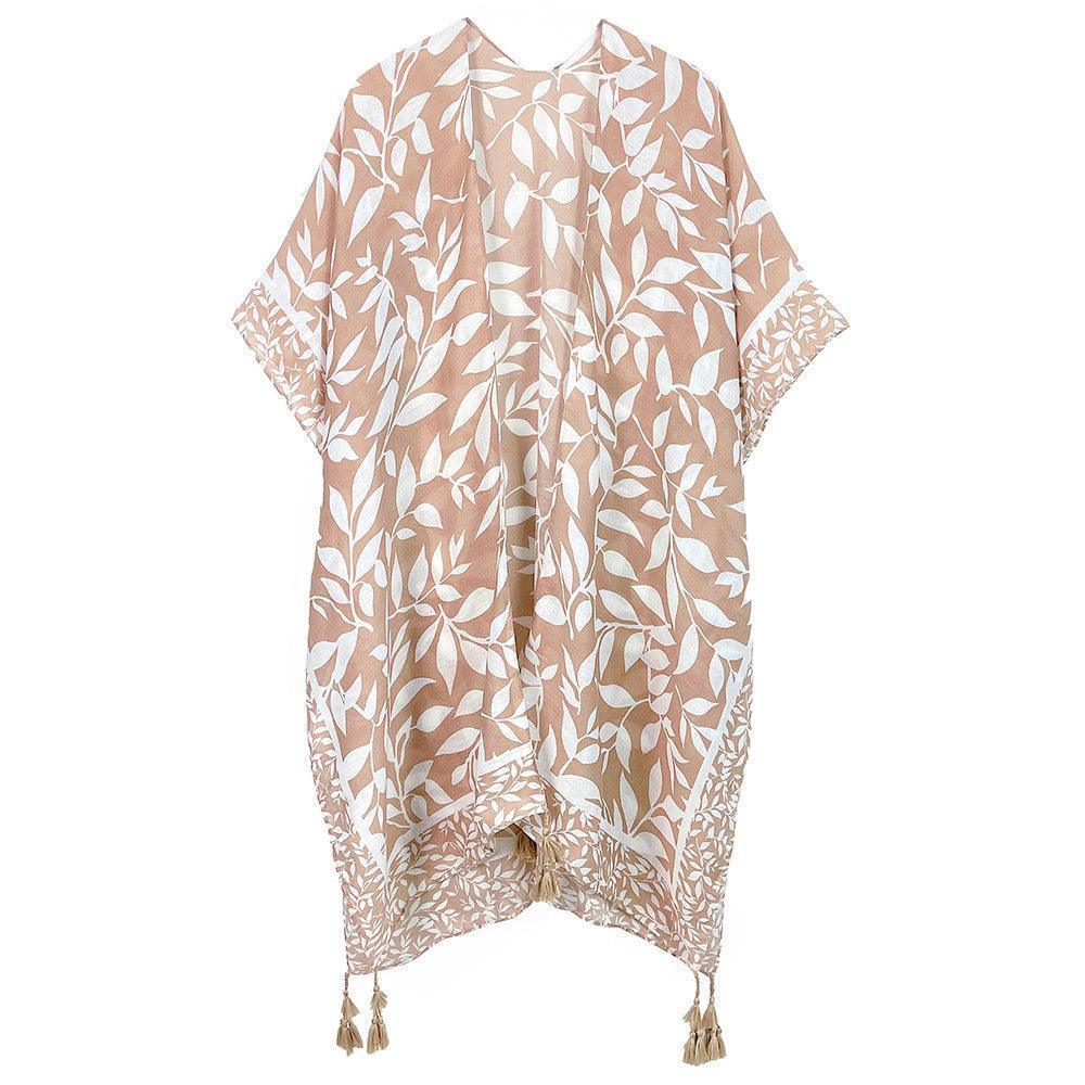 Taupe Leaf Print Kimono Poncho - Jewelry Store by Erik Rayo