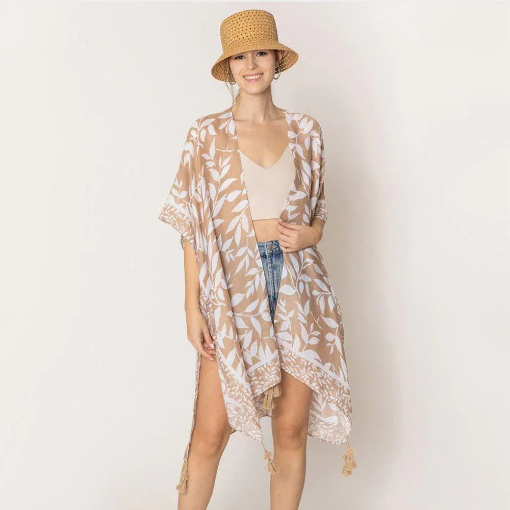 Taupe Leaf Print Kimono Poncho - Jewelry Store by Erik Rayo