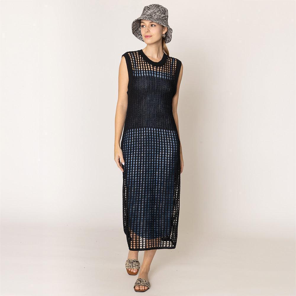 Black Chest Blocked Crochet Long Dress - Jewelry Store by Erik Rayo