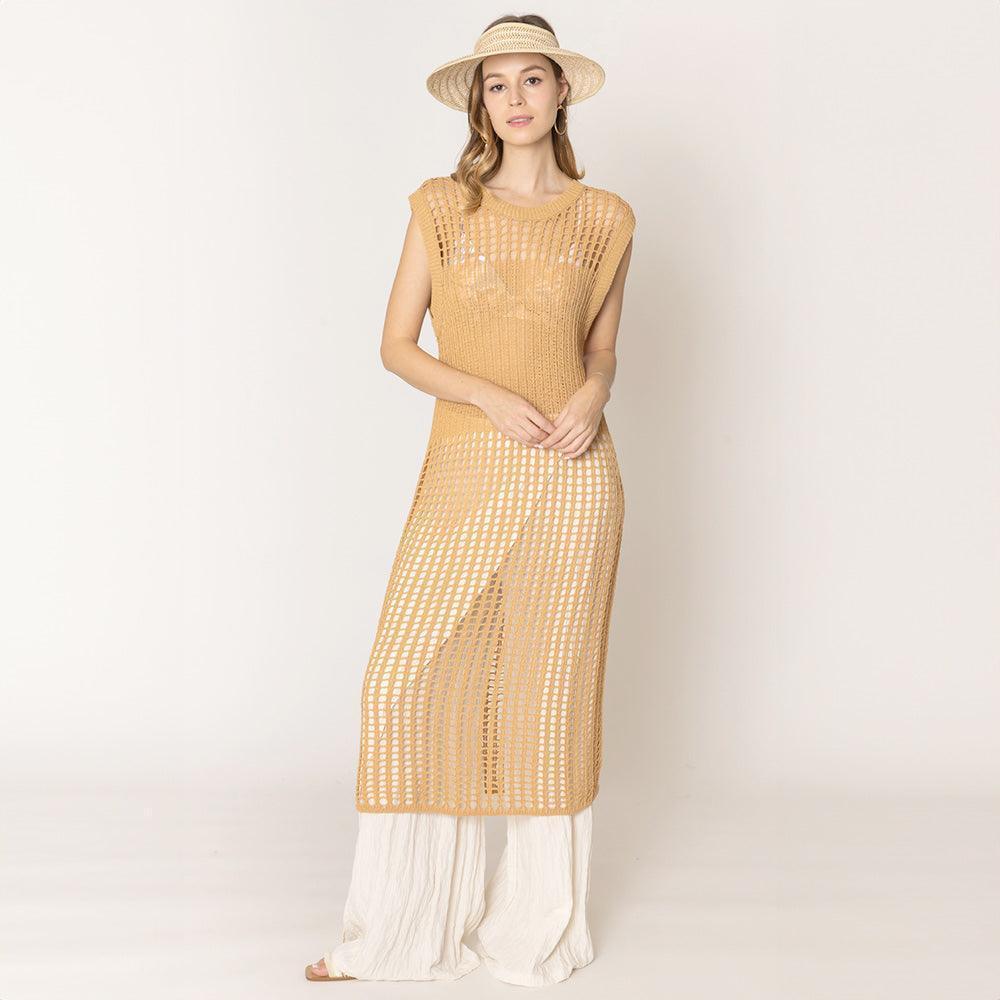 Camel Chest Blocked Crochet Long Dress - Jewelry Store by Erik Rayo