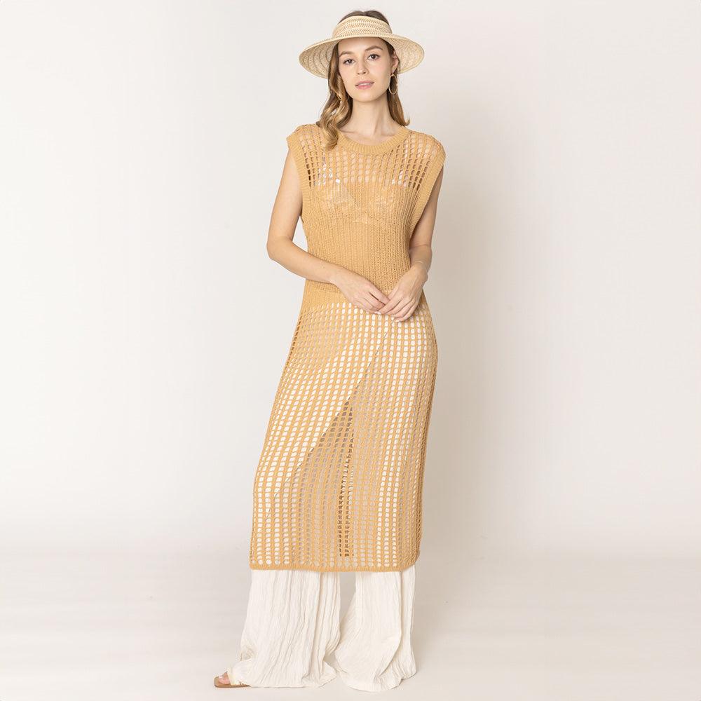 Camel Chest Blocked Crochet Long Dress