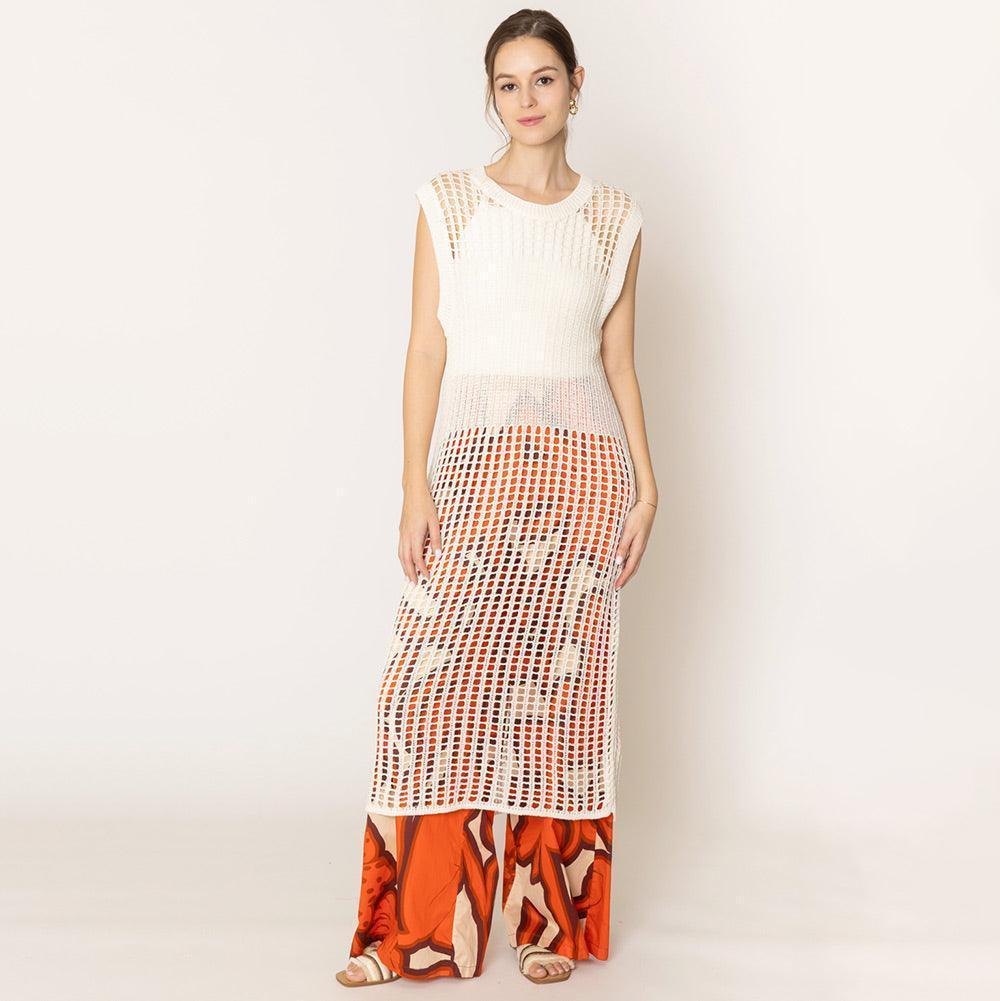 Ivory Chest Blocked Crochet Long Dress - Jewelry Store by Erik Rayo