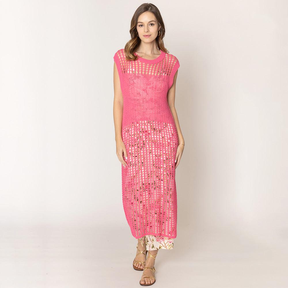 Pink Chest Blocked Crochet Long Dress