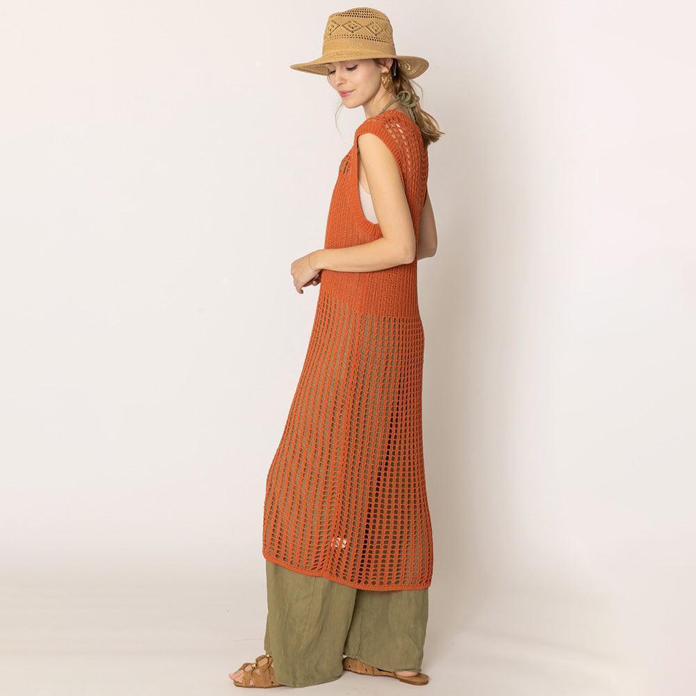 Rust Chest Blocked Crochet Long Dress - Jewelry Store by Erik Rayo