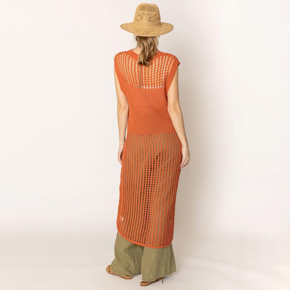 Rust Chest Blocked Crochet Long Dress - Jewelry Store by Erik Rayo