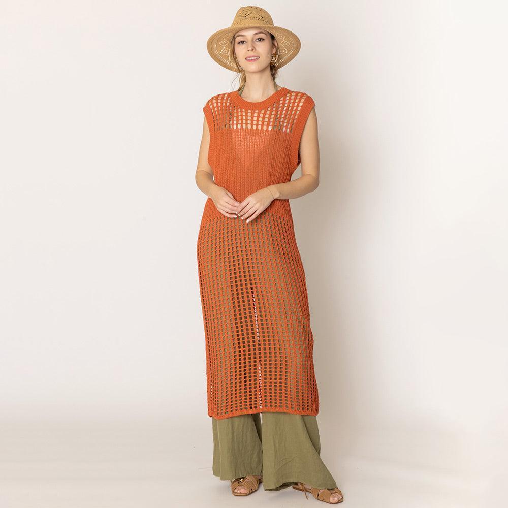 Rust Chest Blocked Crochet Long Dress - Jewelry Store by Erik Rayo