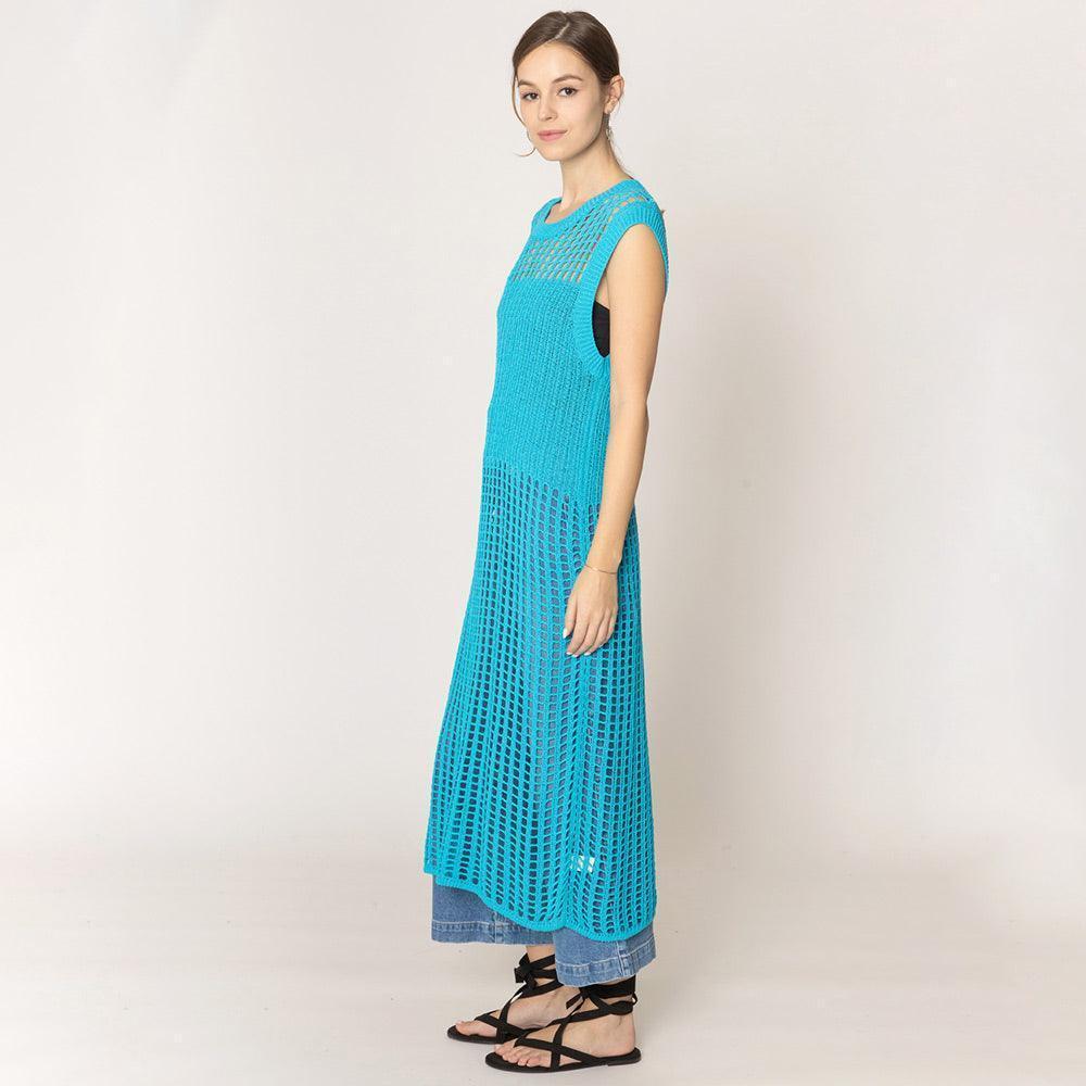 Turquoise Chest Blocked Crochet Long Dress - Jewelry Store by Erik Rayo