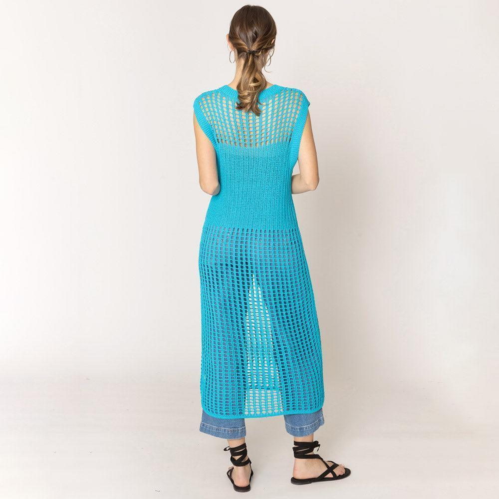 Turquoise Chest Blocked Crochet Long Dress - Jewelry Store by Erik Rayo