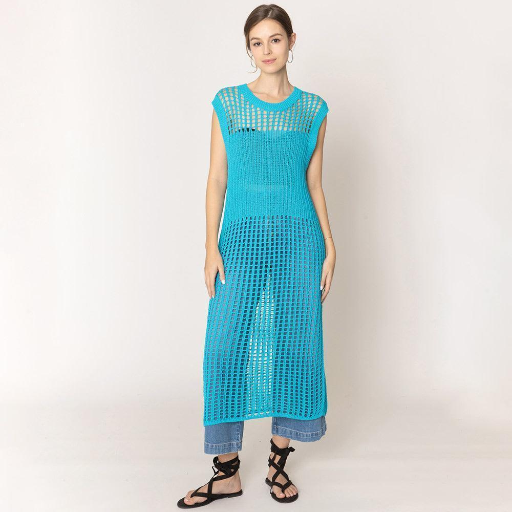 Turquoise Chest Blocked Crochet Long Dress - Jewelry Store by Erik Rayo