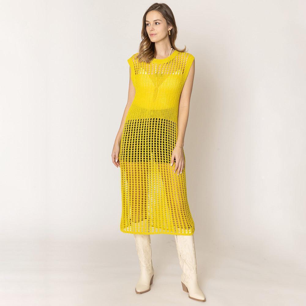 Yellow Chest Blocked Crochet Long Dress - Jewelry Store by Erik Rayo