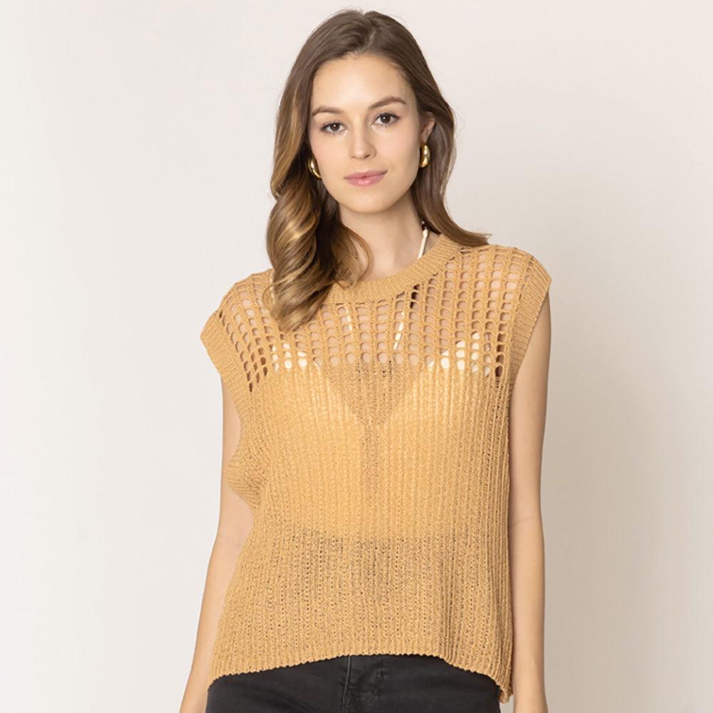 Camel Chest Blocked Crochet Poncho Vest