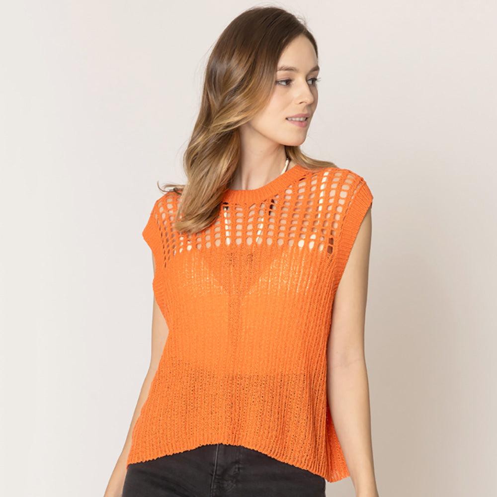 Orange Chest Blocked Crochet Poncho Vest