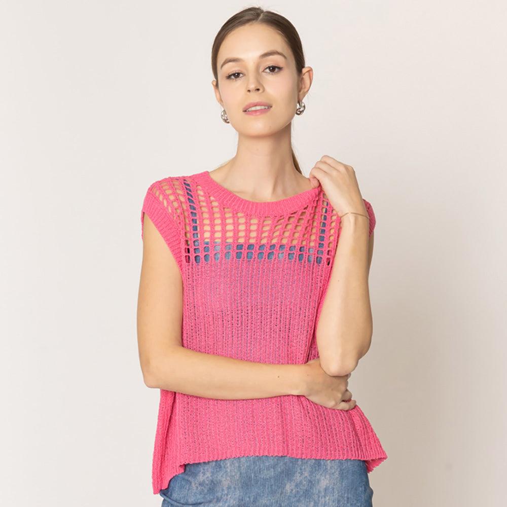 Pink Chest Blocked Crochet Poncho Vest