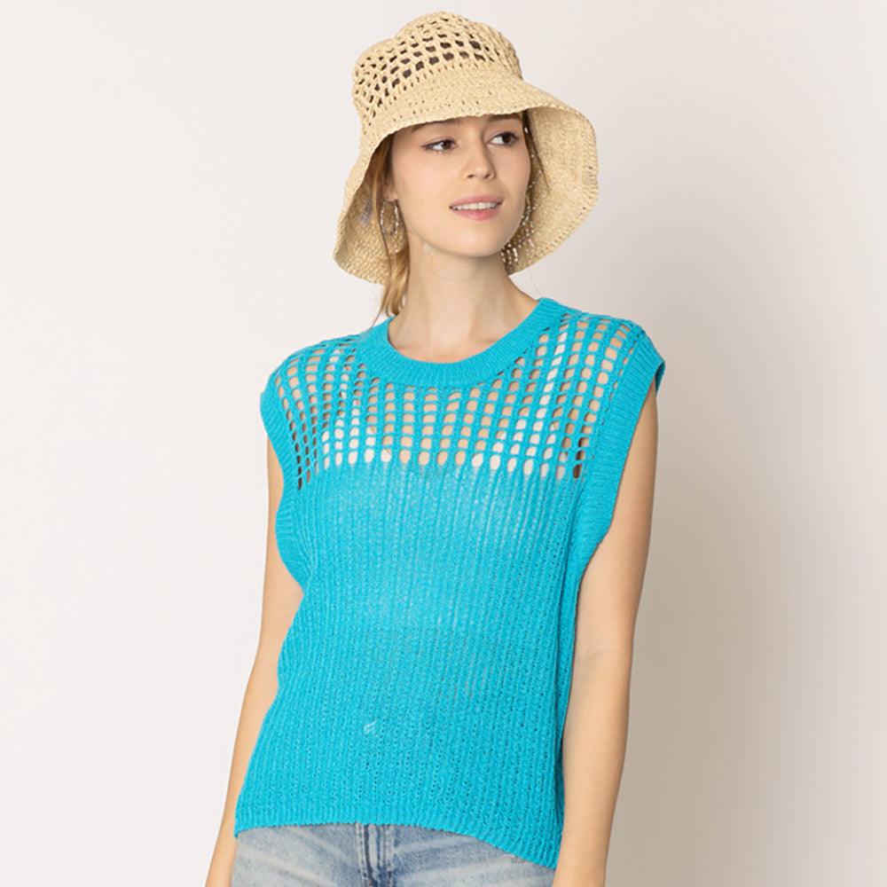 Turquoise Chest Blocked Crochet Poncho Vest