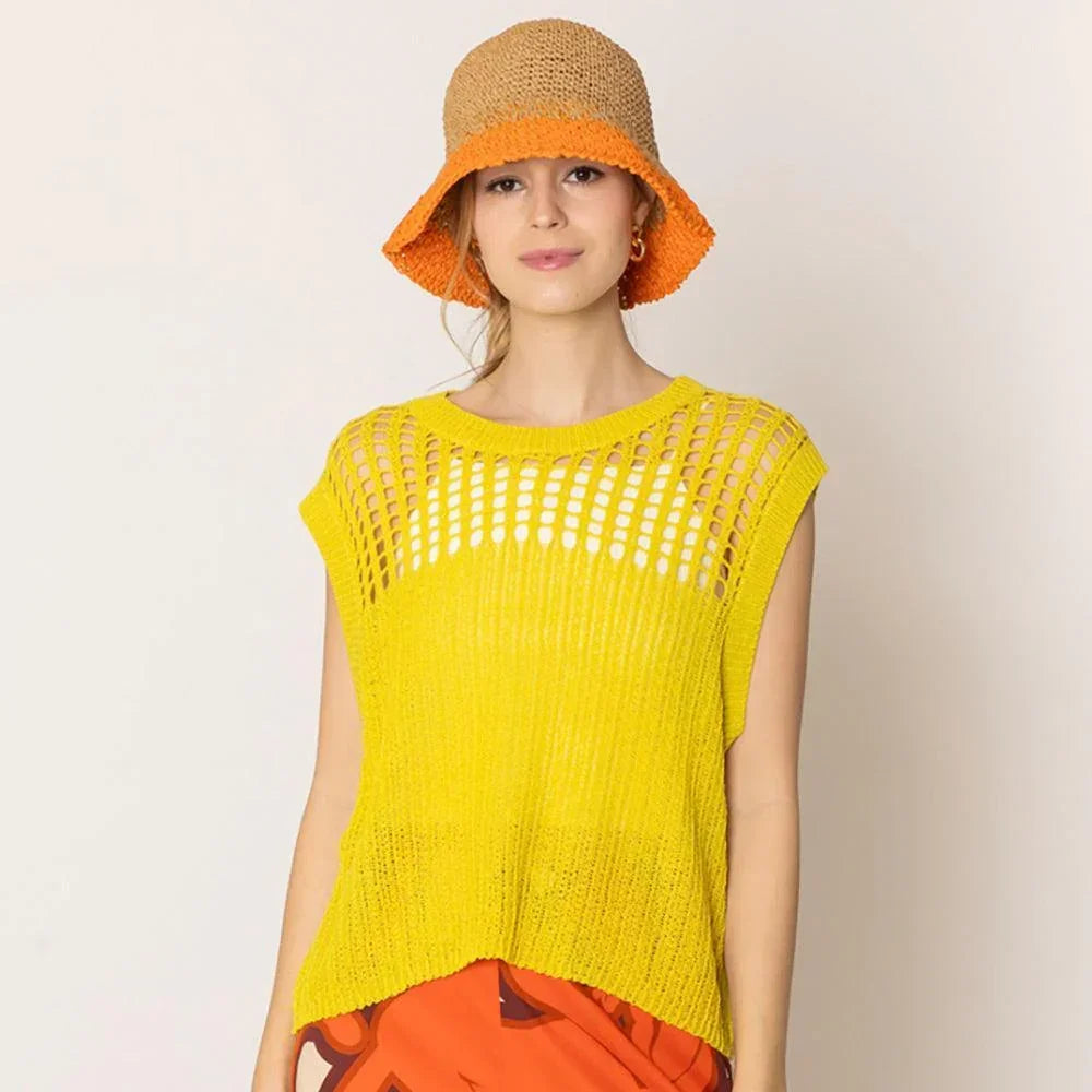 Yellow Chest Blocked Crochet Poncho Vest - Jewelry Store by Erik Rayo