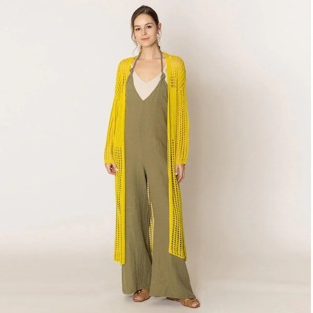 Yellow Chest Blocked Crochet Long Cardigan