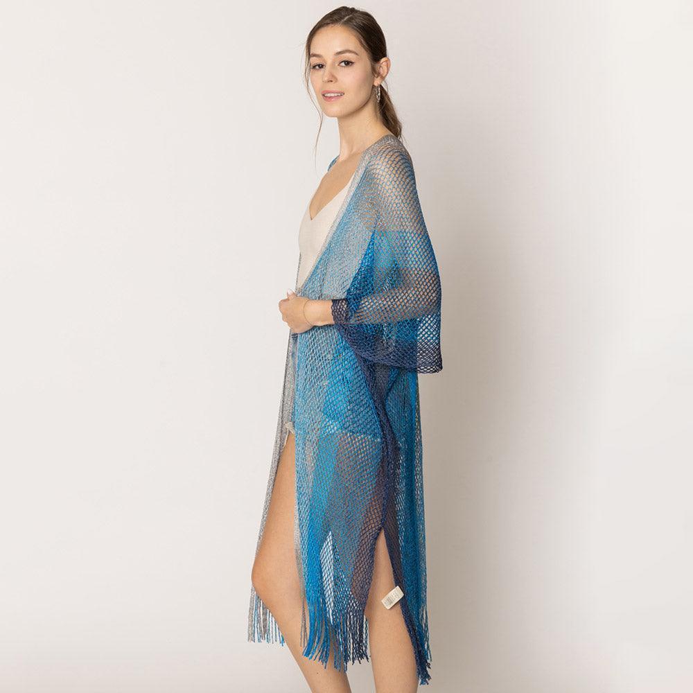 Turquoise Two Tone Lurex Kimono Poncho - Jewelry Store by Erik Rayo