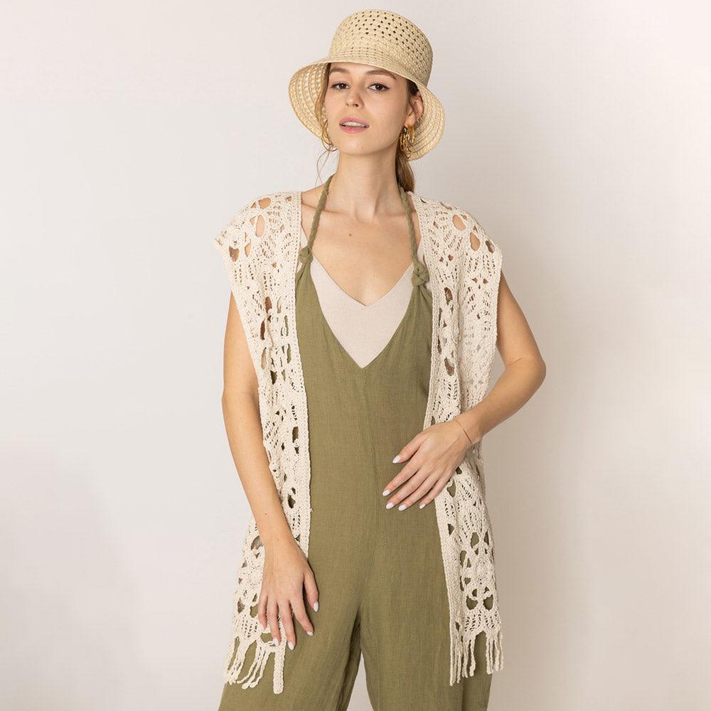 Ivory Floral Patter Fringe Crochet Vest