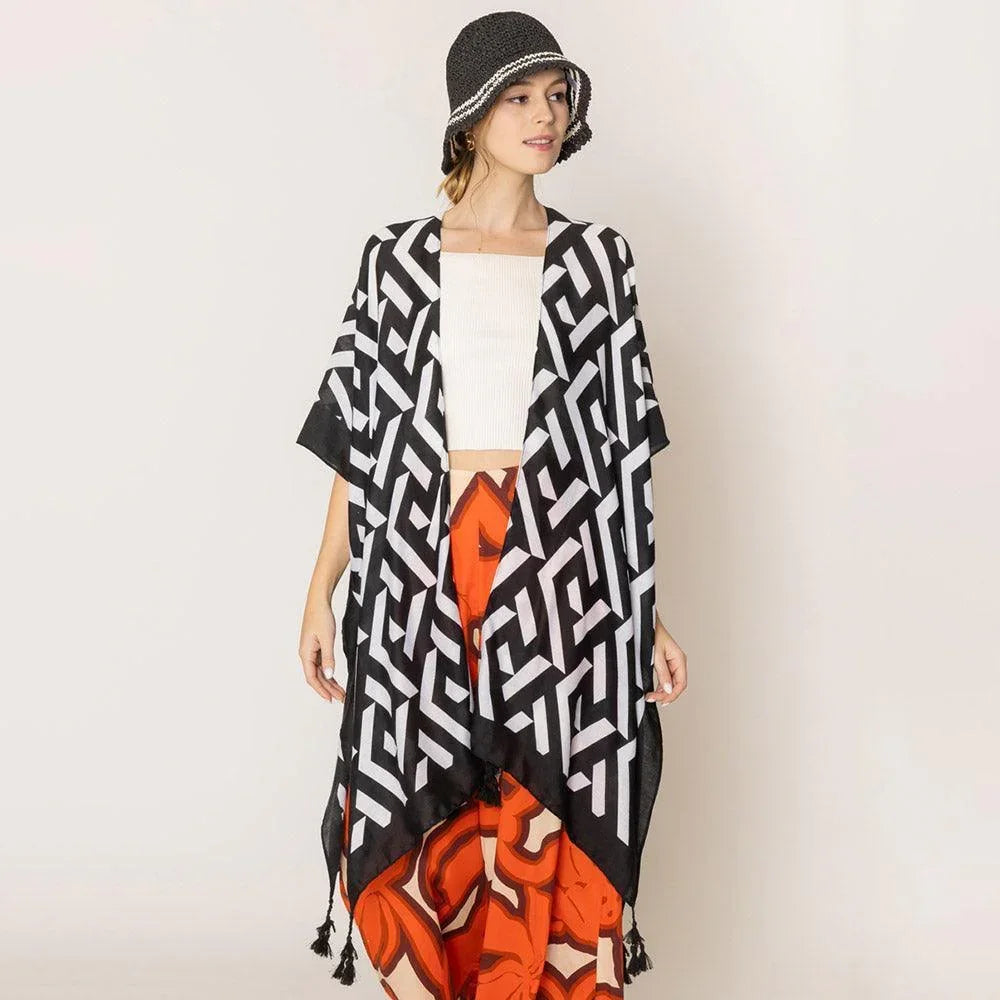 Black Geometric Print Kimono Poncho - Jewelry Store by Erik Rayo