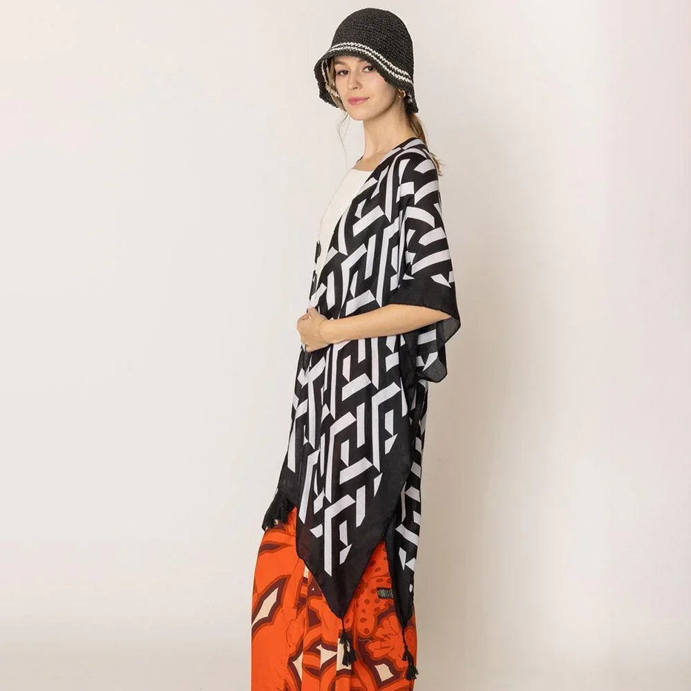 Black Geometric Print Kimono Poncho - Jewelry Store by Erik Rayo