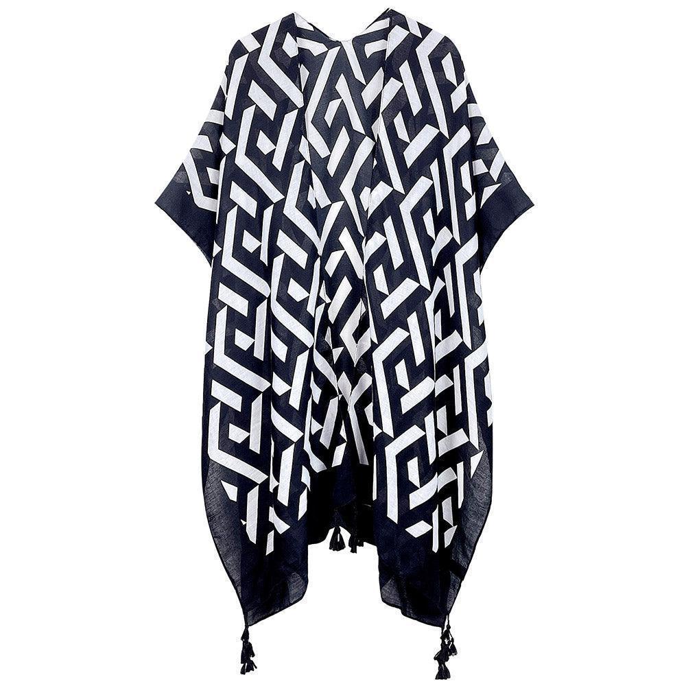 Black Geometric Print Kimono Poncho - Jewelry Store by Erik Rayo