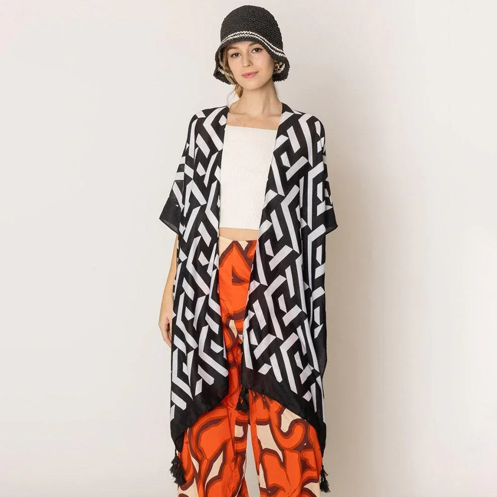 Black Geometric Print Kimono Poncho - Jewelry Store by Erik Rayo