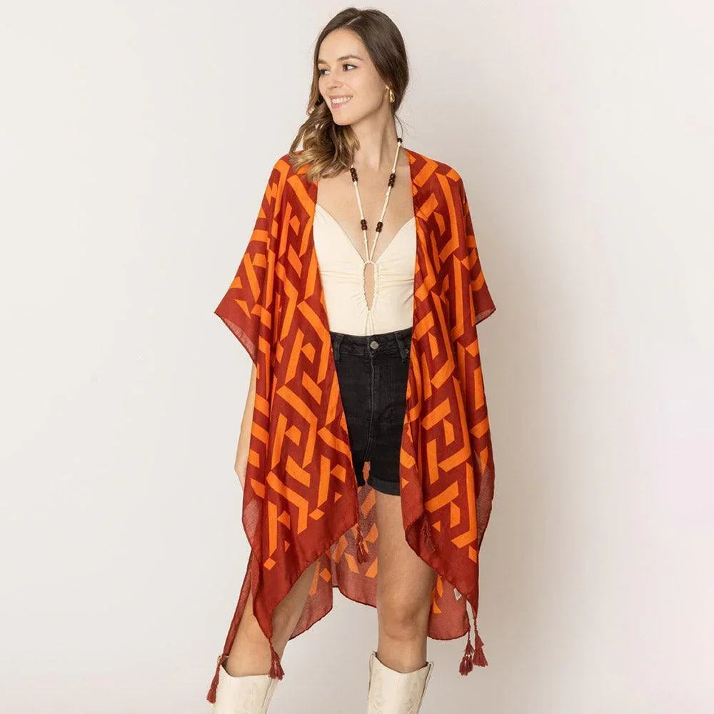 Orange Geometric Print Kimono Poncho - Jewelry Store by Erik Rayo