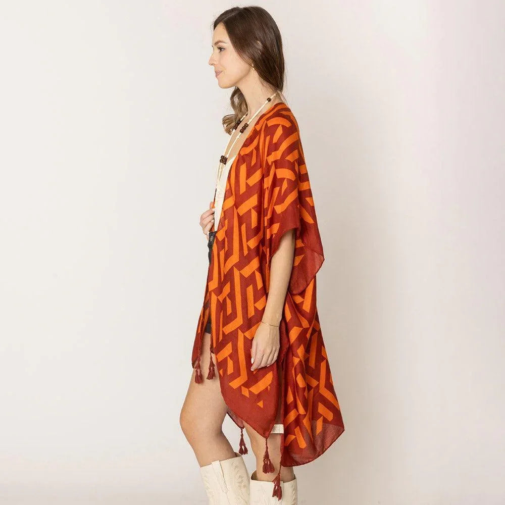 Orange Geometric Print Kimono Poncho - Jewelry Store by Erik Rayo