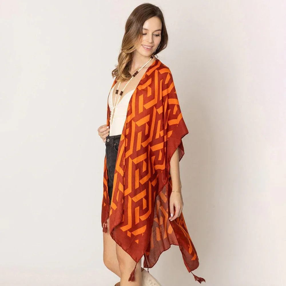Orange Geometric Print Kimono Poncho - Jewelry Store by Erik Rayo