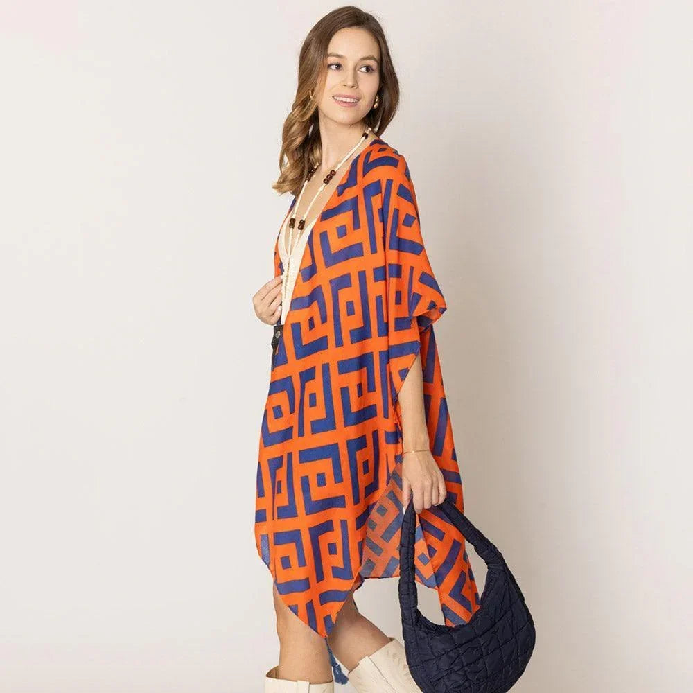 Orange Geometric Print Kimono Poncho - Jewelry Store by Erik Rayo