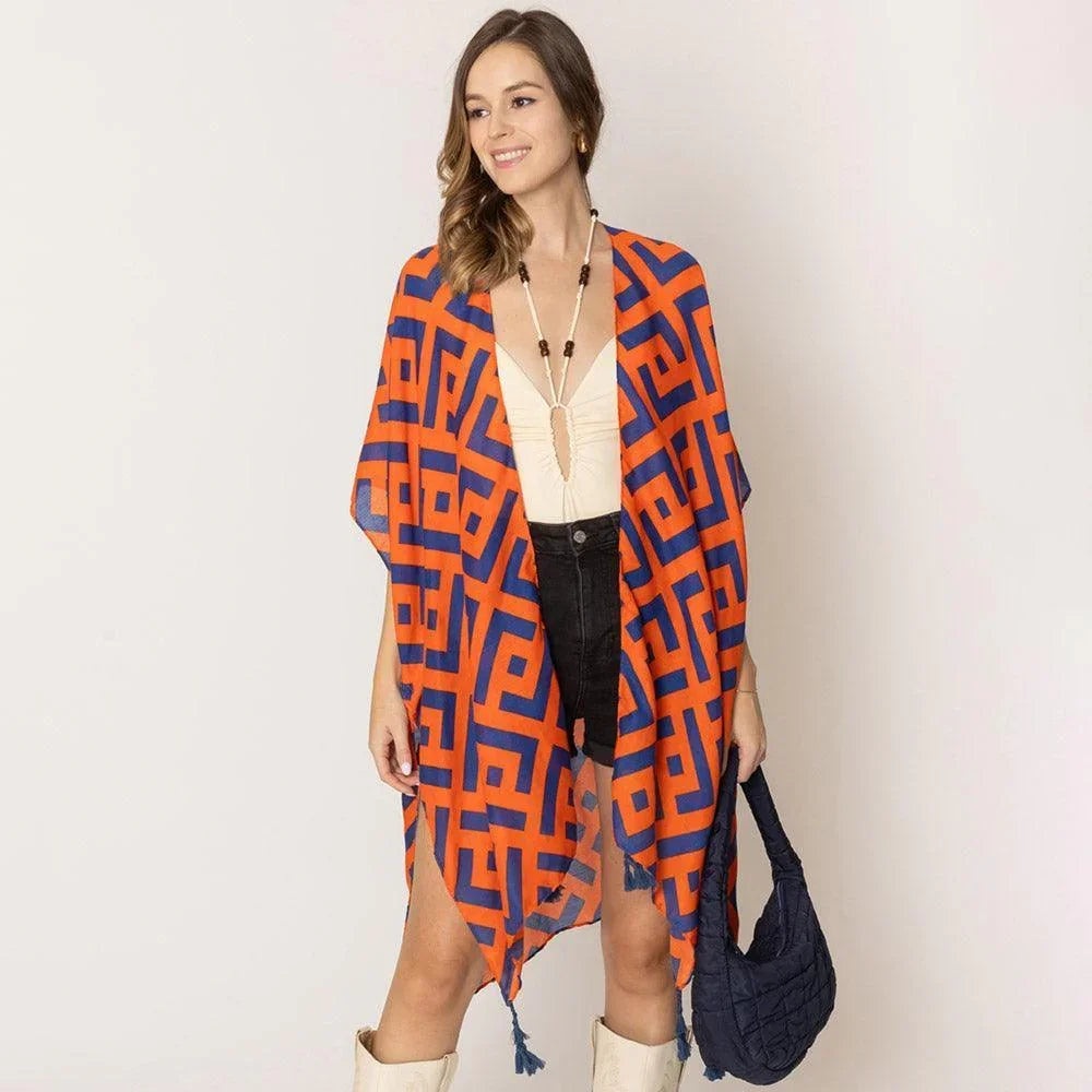 Orange Geometric Print Kimono Poncho - Jewelry Store by Erik Rayo