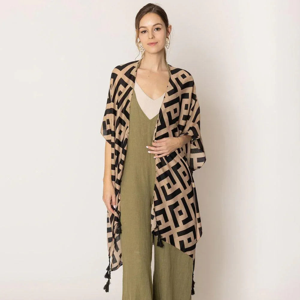 Taupe Geometric Print Kimono Poncho - Jewelry Store by Erik Rayo
