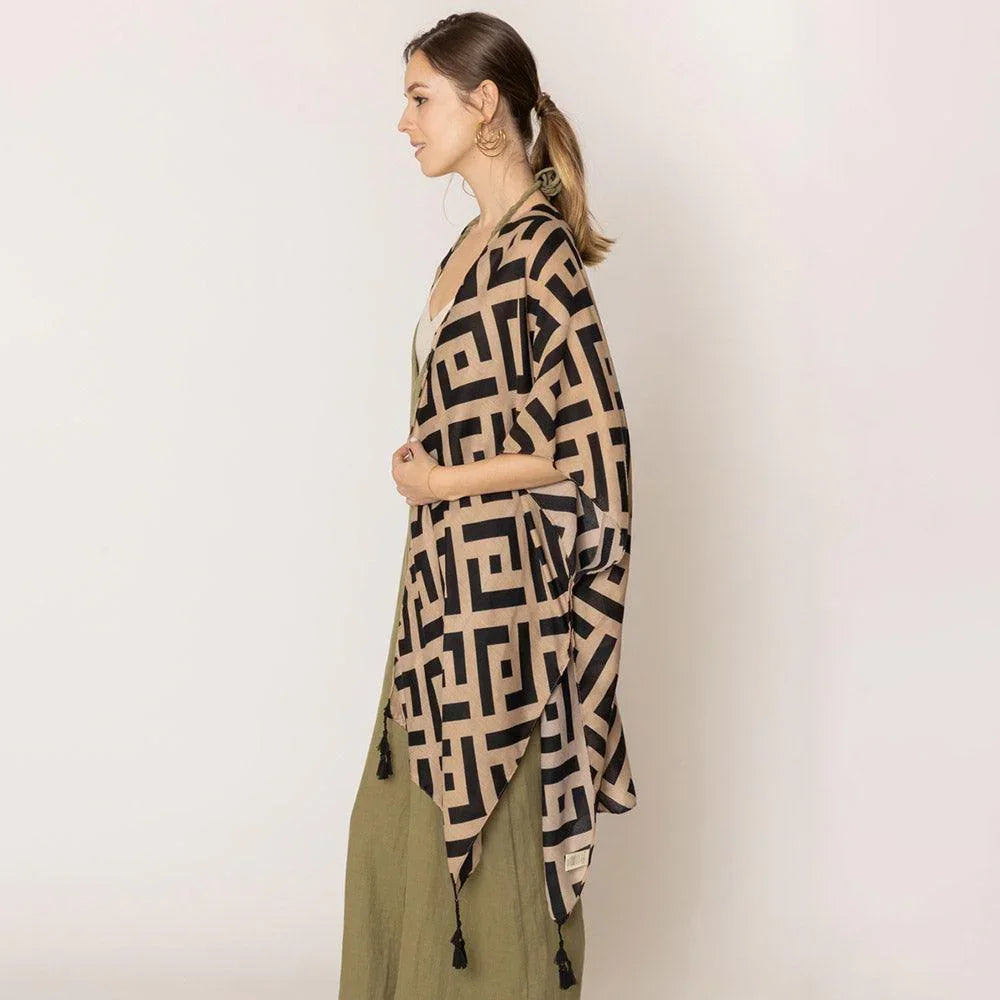 Taupe Geometric Print Kimono Poncho - Jewelry Store by Erik Rayo