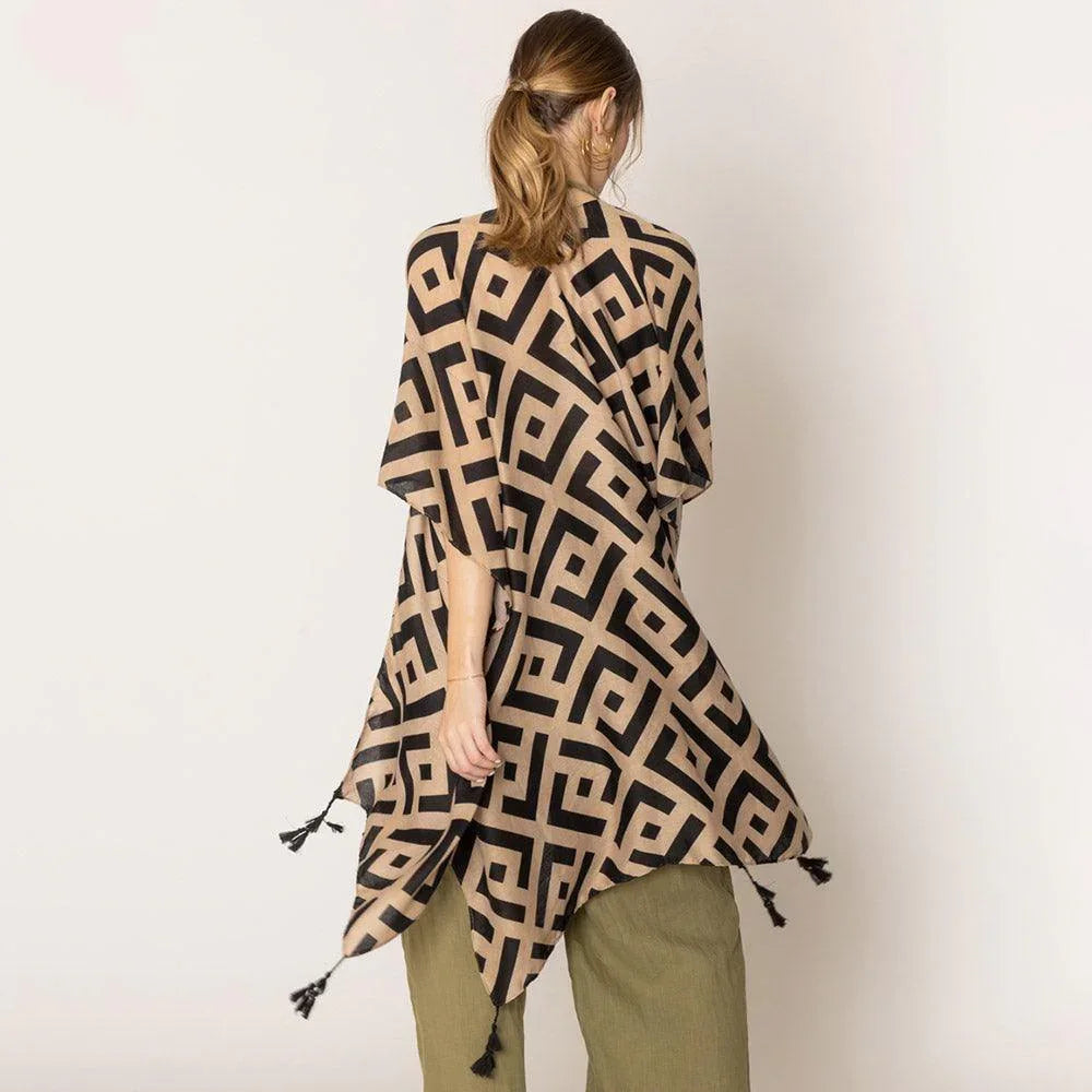 Taupe Geometric Print Kimono Poncho - Jewelry Store by Erik Rayo