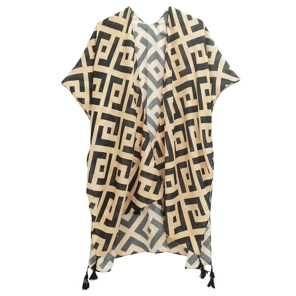 Taupe Geometric Print Kimono Poncho - Jewelry Store by Erik Rayo